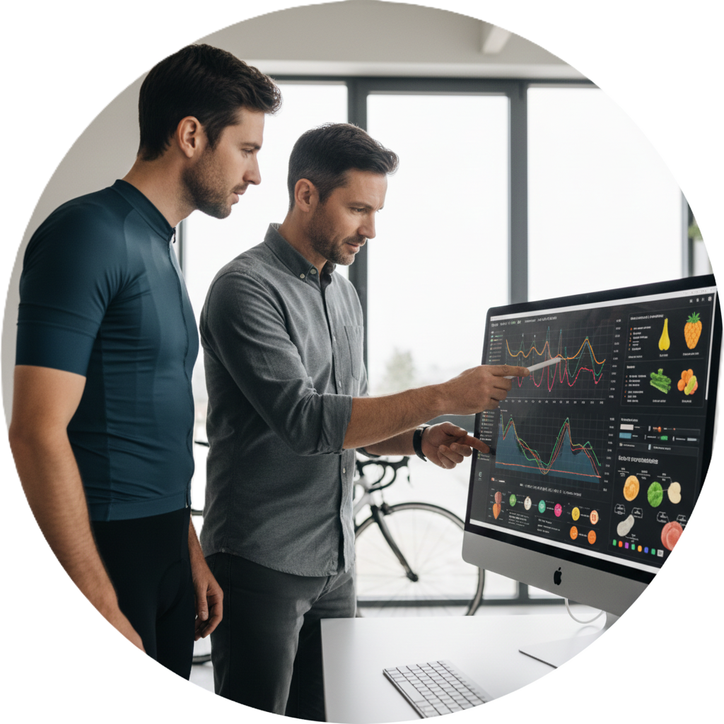 Coach et cycliste analysant des données scientifiques et des graphiques de nutrition personnalisée sur un écran d'ordinateur.