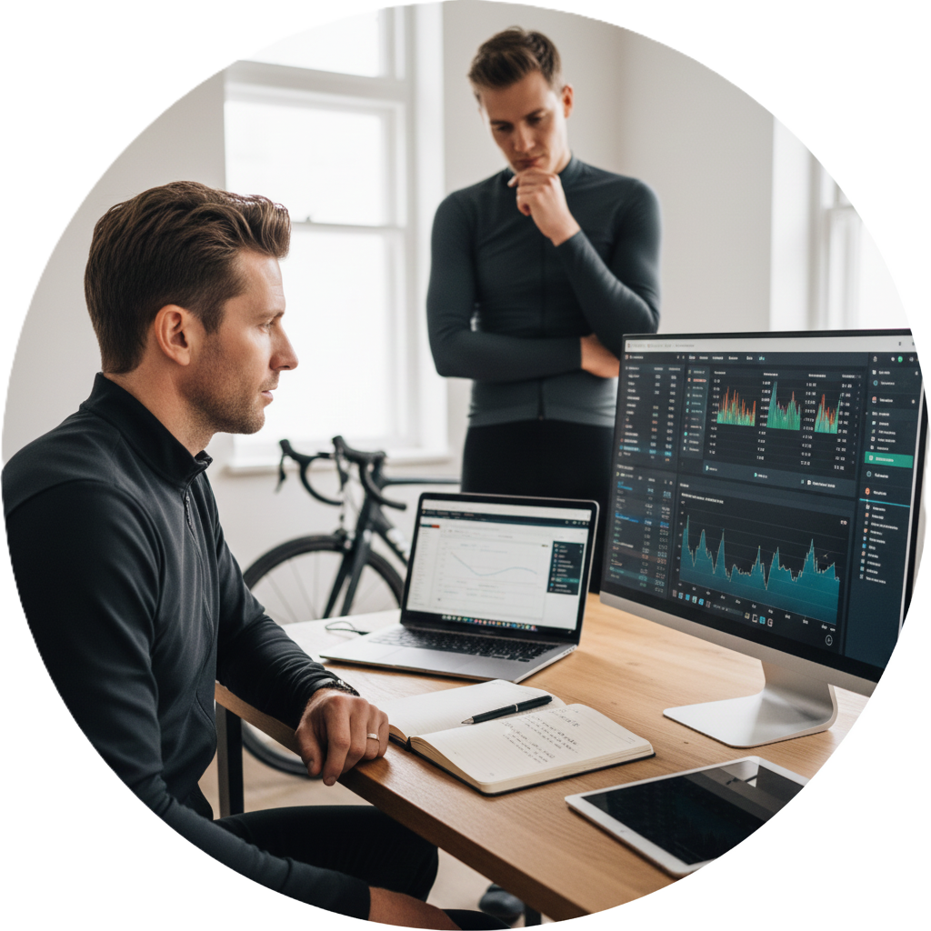 Coach cycliste analysant les données d'entraînement sur un écran d'ordinateur ou une tablette, avec un cycliste client à proximité, atmosphère calme et analytique.