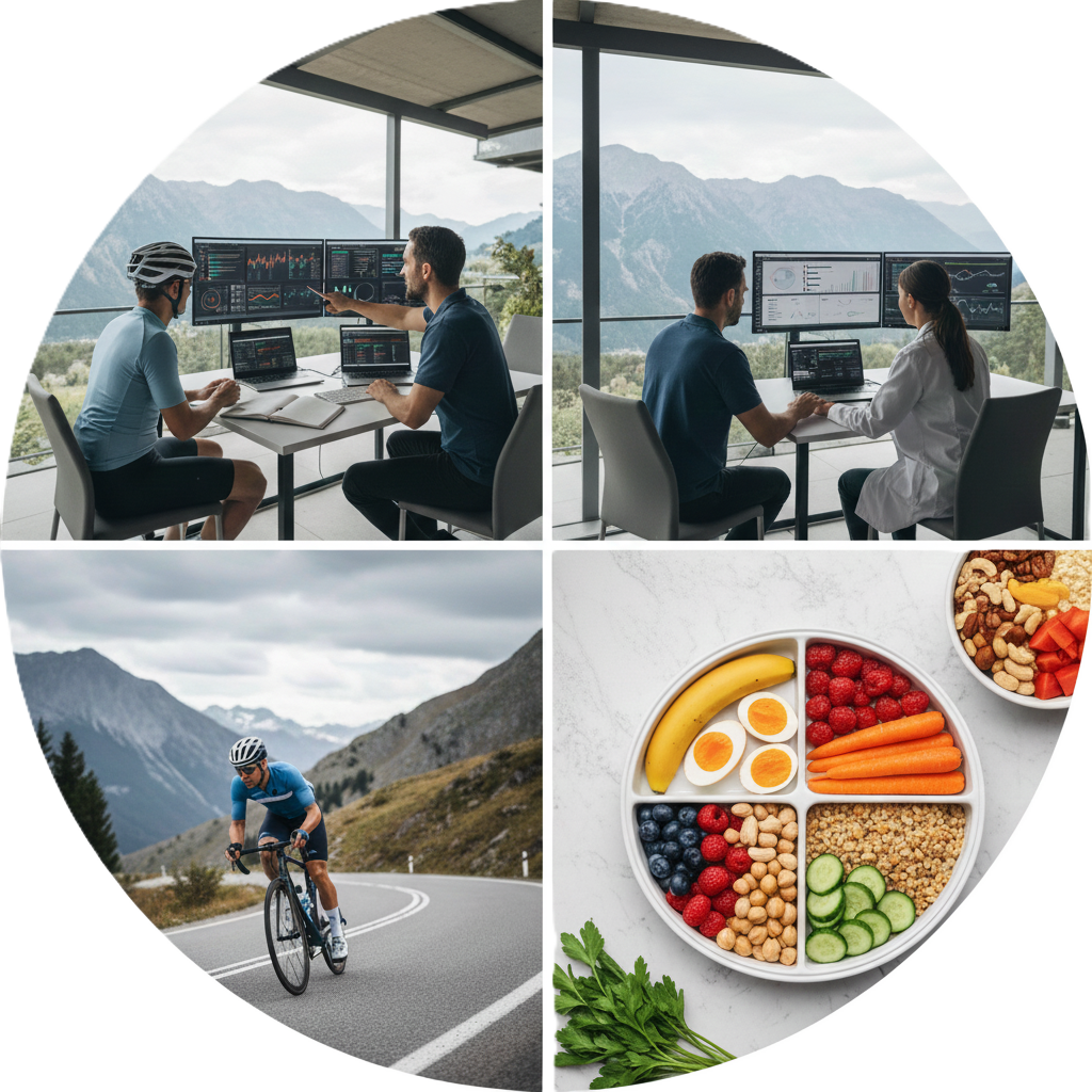 Nutritionniste sportif (Bastien Schulz) pointant un plan nutritionnel personnalisé sur tablette, à côté d'un bol de céréales et de fruits pour l'énergie.