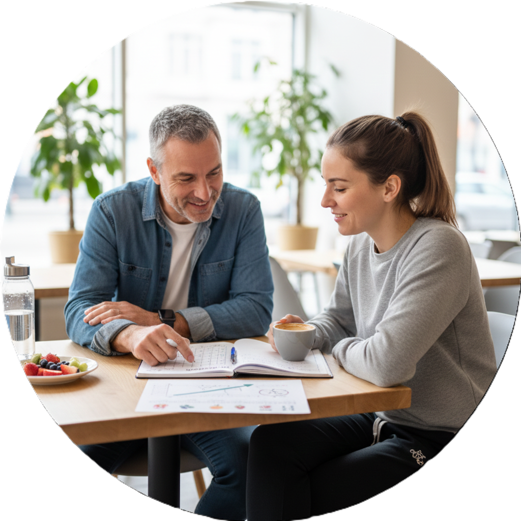 Diététicien expliquant une stratégie nutritionnelle individualisée à une cycliste dans un café.
