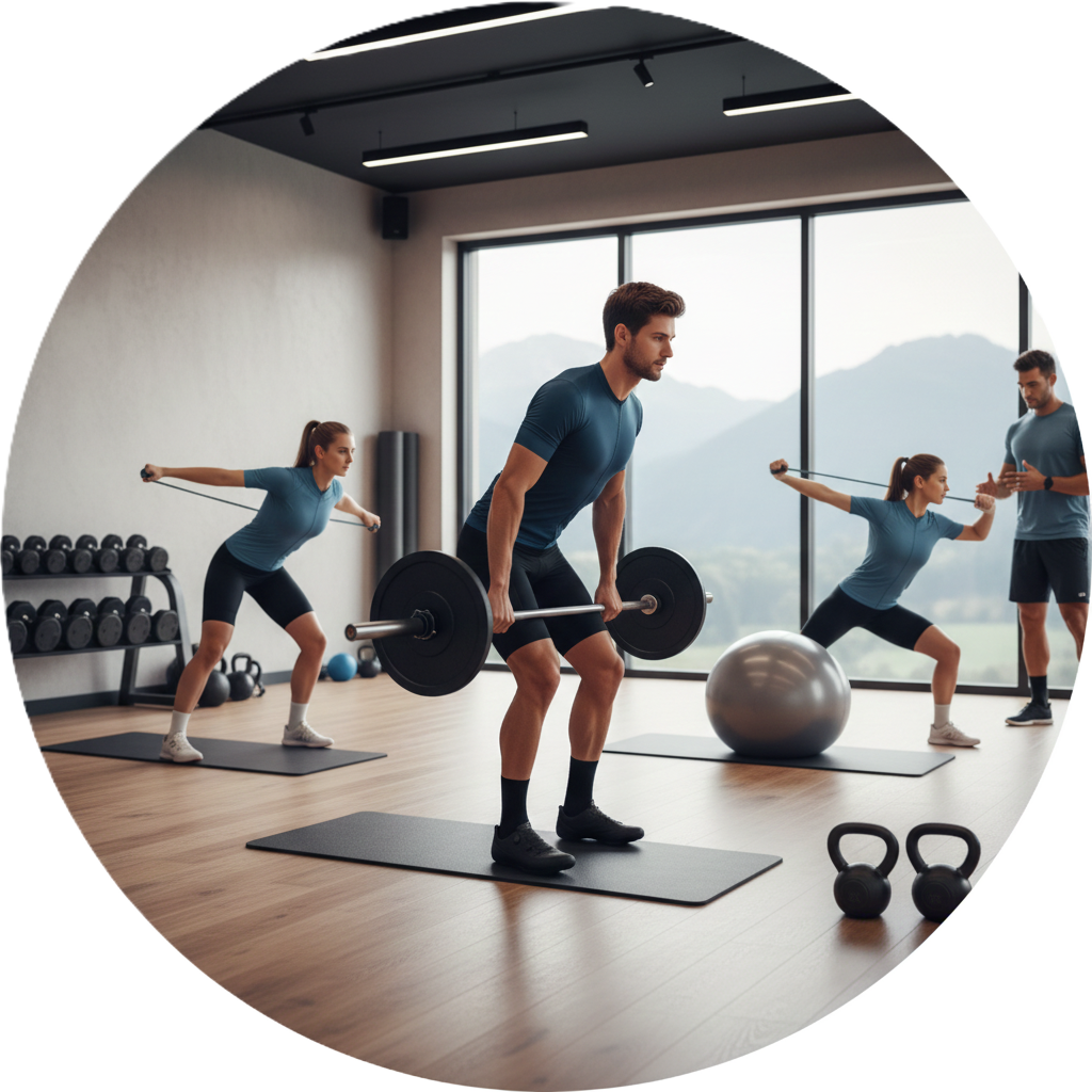 Cycliste effectuant un exercice de gainage ou de renforcement musculaire en salle de sport, essentiel pour améliorer la stabilité et la transmission de puissance.