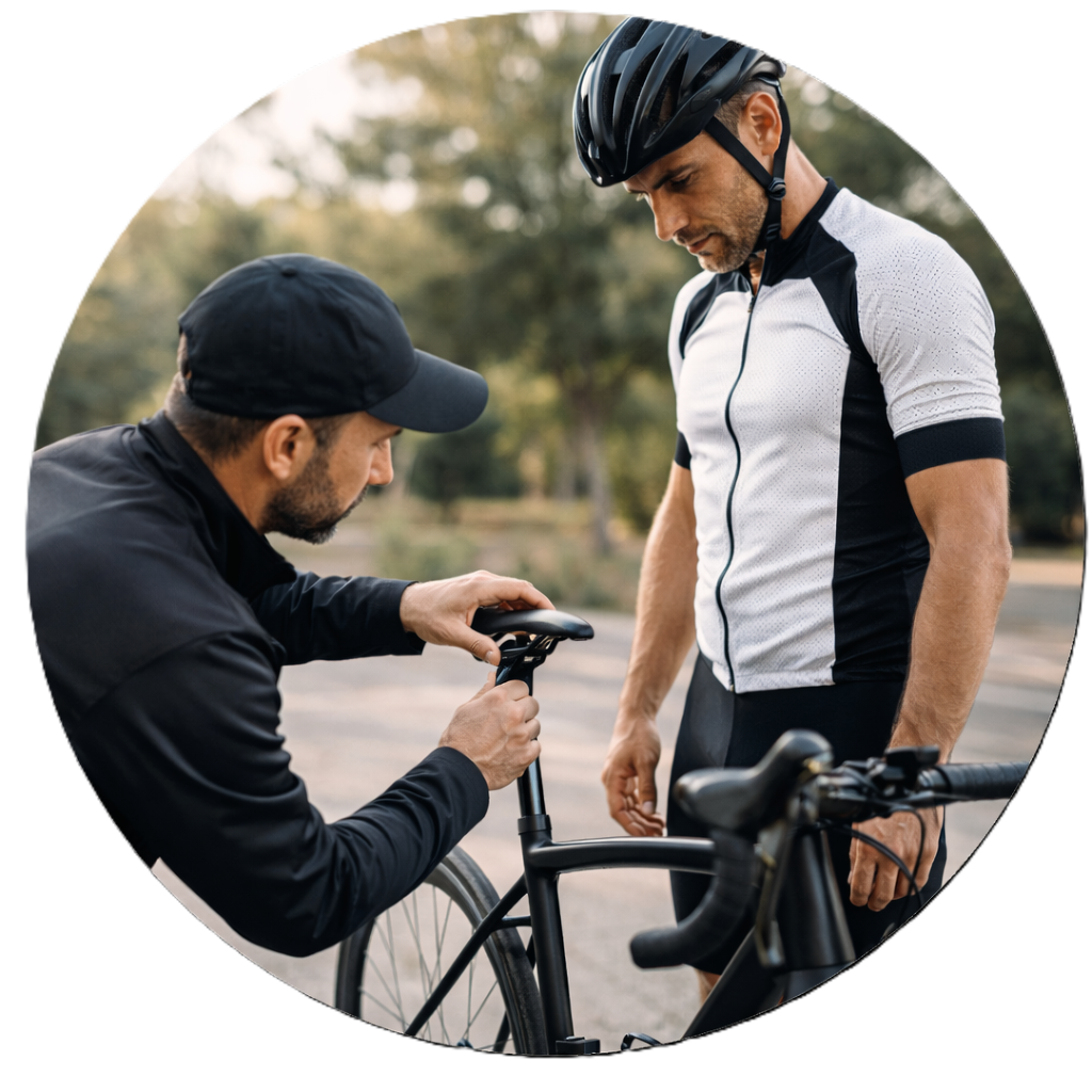 Un coach cycliste ajuste calmement la selle d’un vélo tandis que le cycliste reste debout à côté, observant attentivement. Image circulaire, ambiance professionnelle et sécurisée.